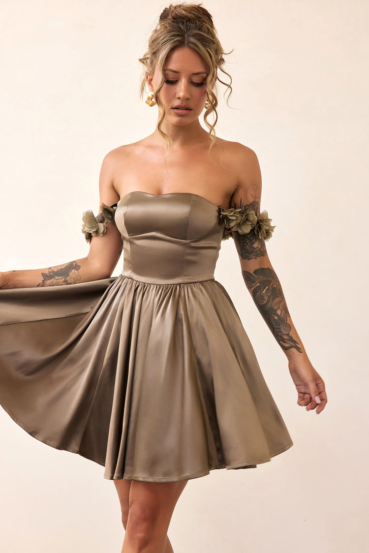 Soft Confession Satin Mini Dress - Olive Khaki-DRESSES
