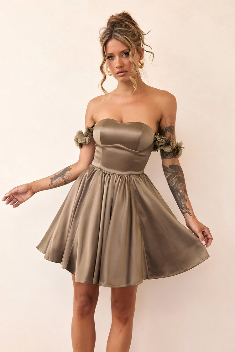 Soft Confession Satin Mini Dress - Olive Khaki-DRESSES
