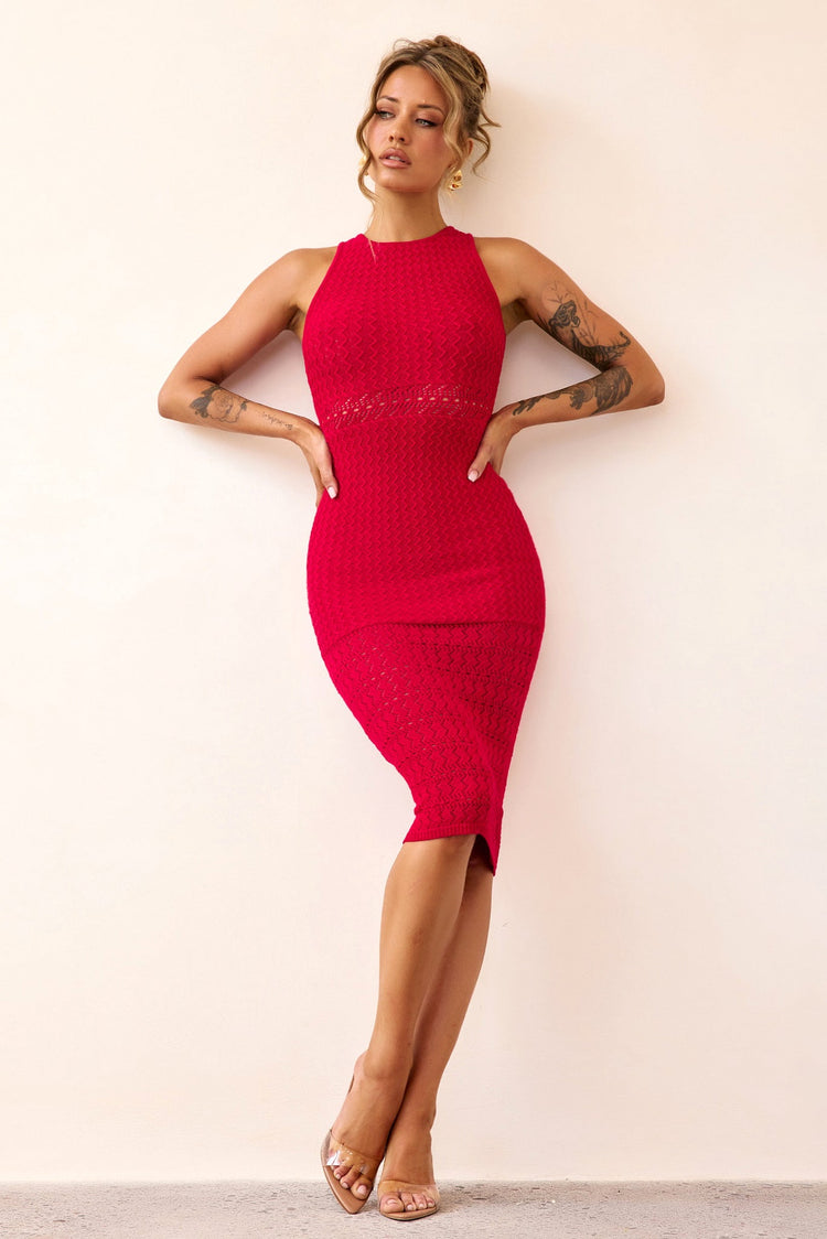 Marlie Knit Midi Dress - Red-DRESSES