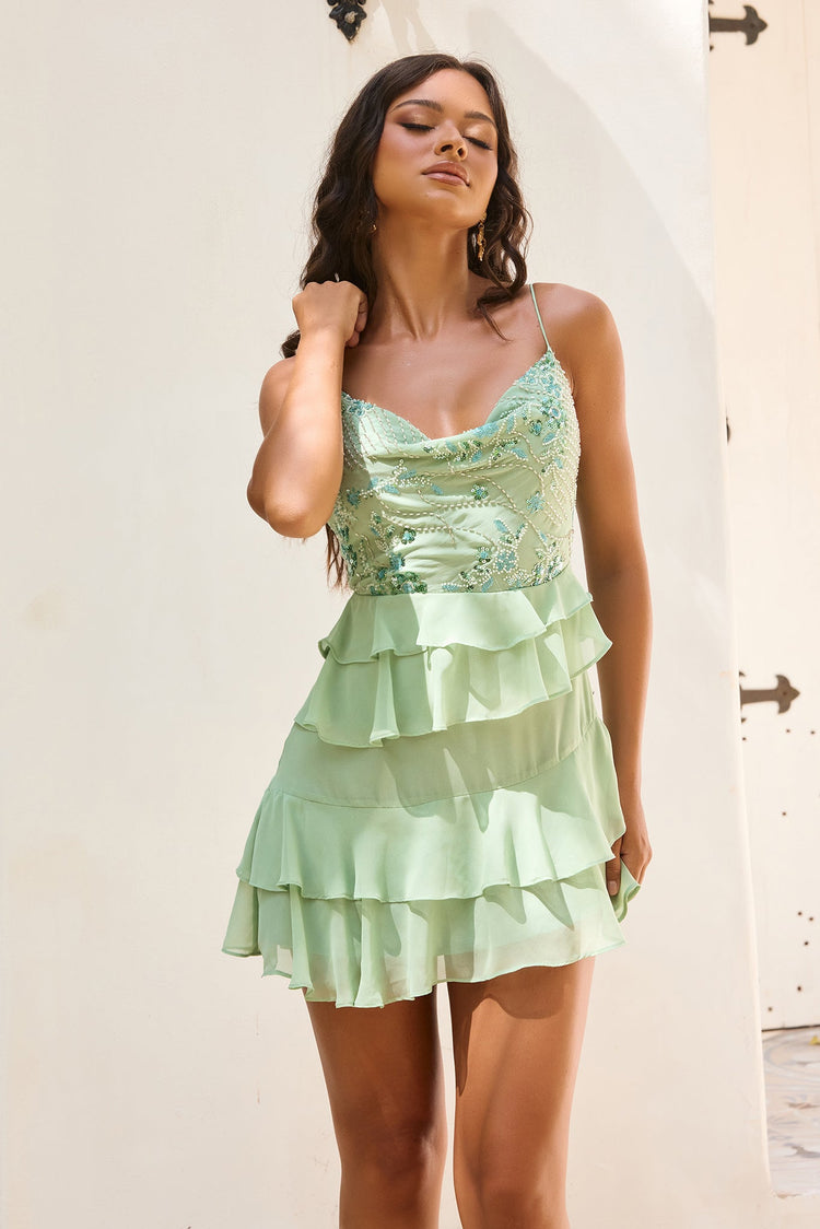 Whispered Eden Beaded Chiffon Mini Dress - Green-DRESSES