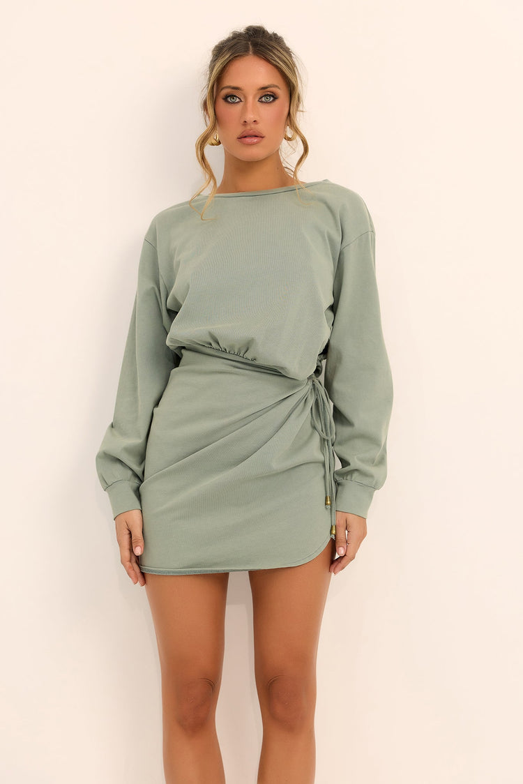 Afterglow Drape Cotton Mini Dress - Sage
