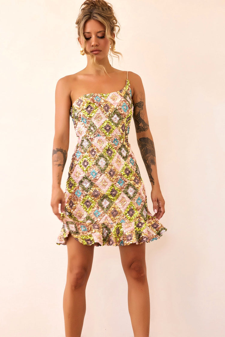 Mirage Mosaic Sequin Mini Dress - Lime Multi-DRESSES