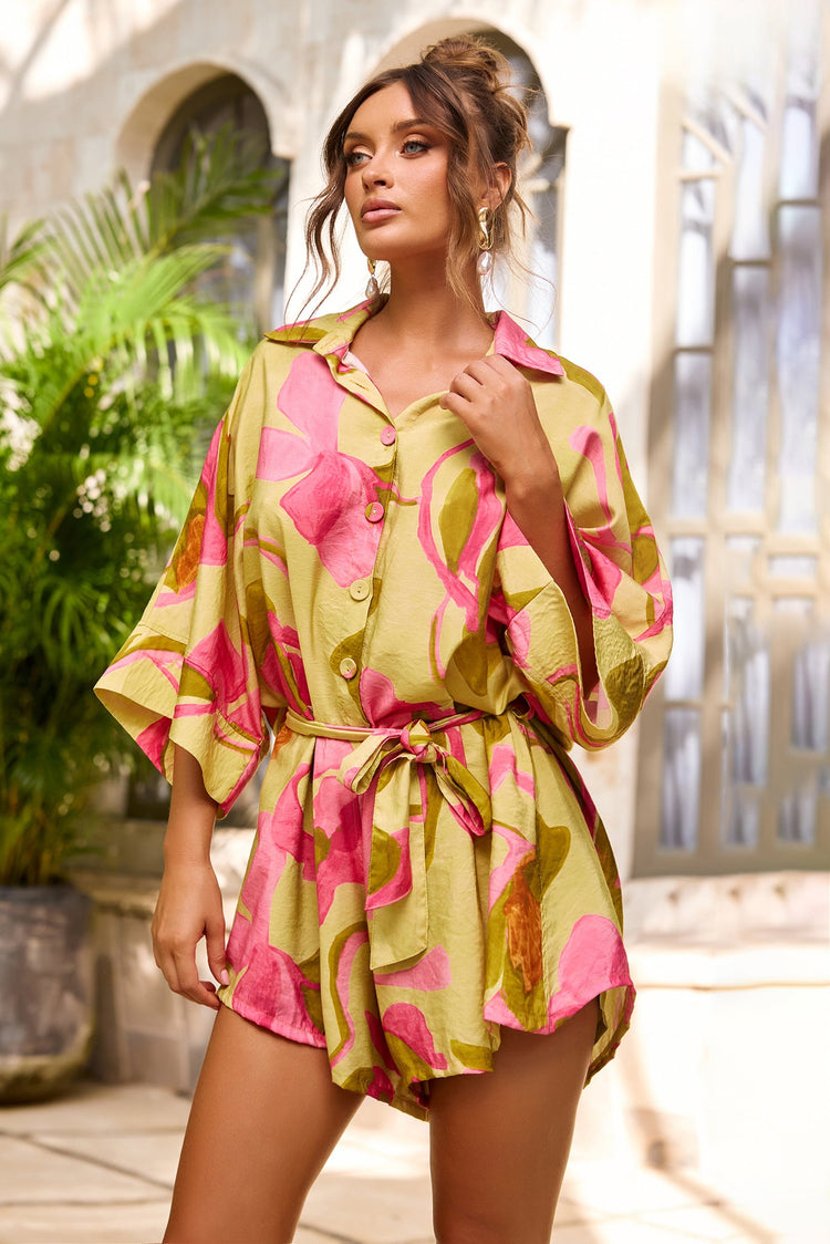 Garden Mirage Woven Playsuit - Lime