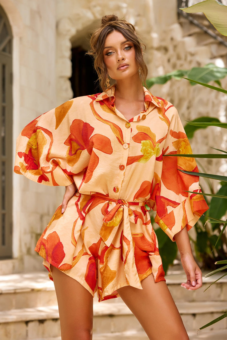 Garden Mirage Woven Playsuit - Orange-PLAYSUITS