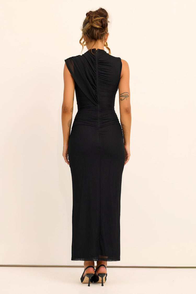 Seraphine Drape Textured Mesh Maxi Dress - Black