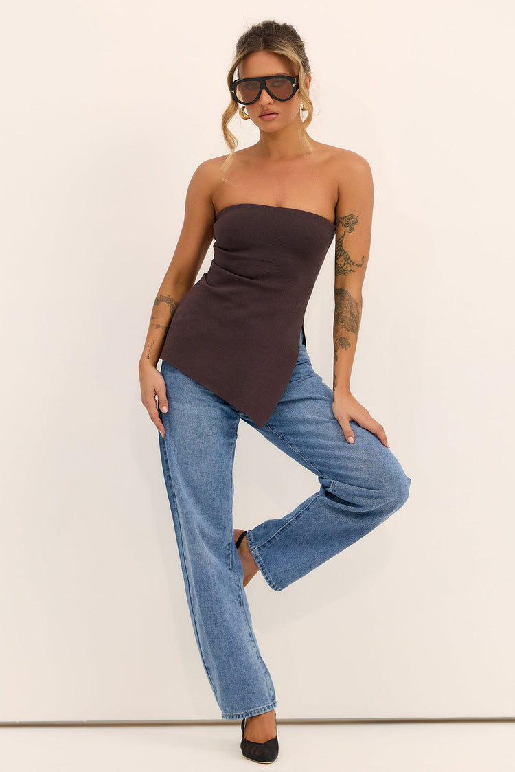 Elara Asymmetric Knit Top - Chocolate