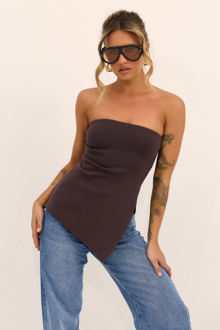 Elara Asymmetric Knit Top - Chocolate