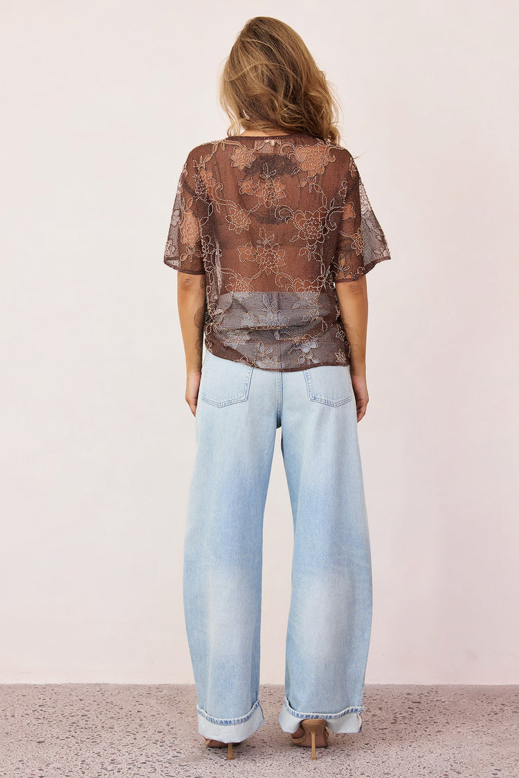 Nocturne Sequin Mesh Top - Brown