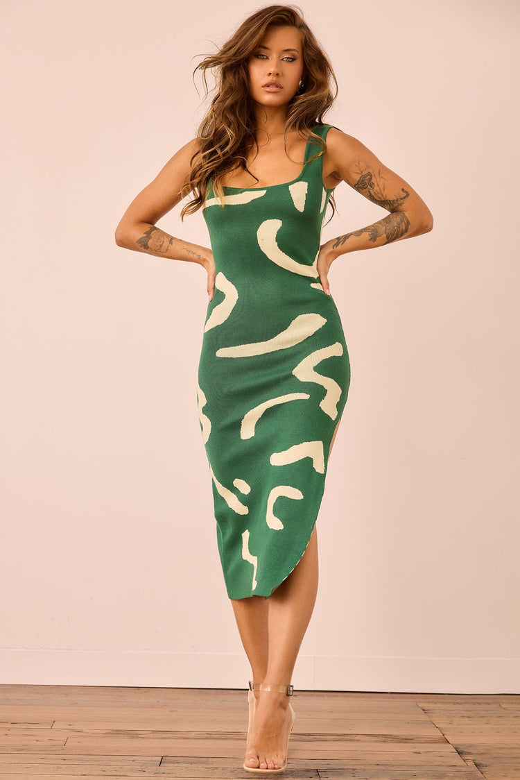 Attached Knit Midi Dress - Forest Green for women