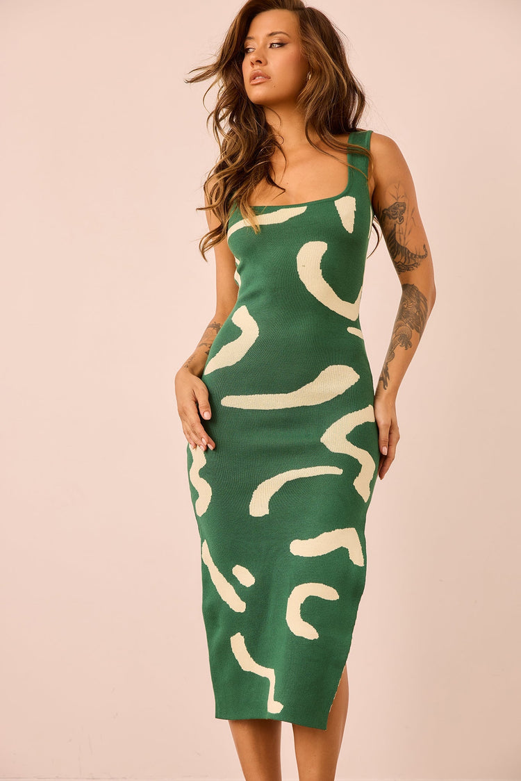 Attached Knit Midi Dress - Forest Green for women