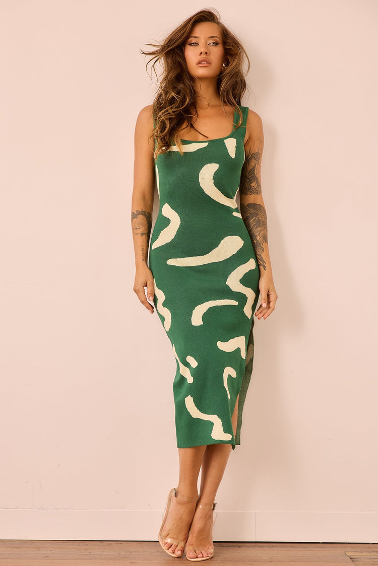 Attached Knit Midi Dress - Forest Green for women