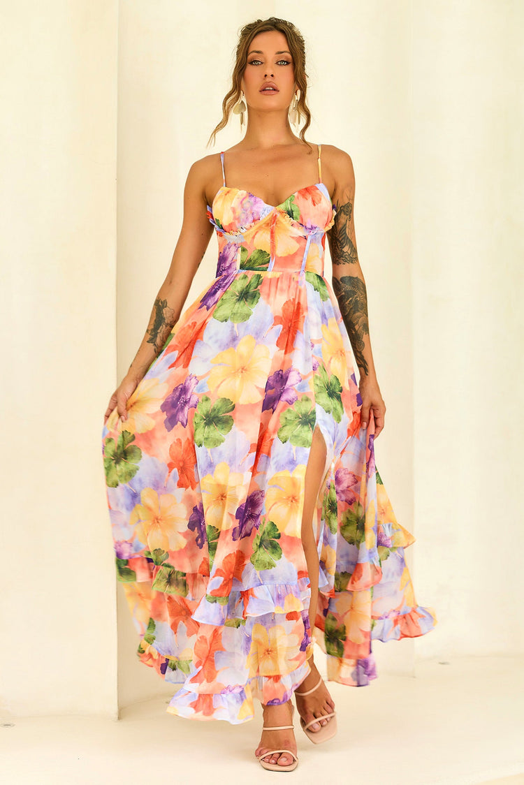 Azure Bloom Chiffon Maxi Dress - Orange Multi for women