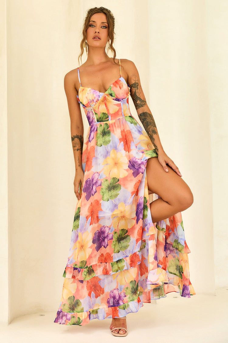 Azure Bloom Chiffon Maxi Dress - Orange Multi for women