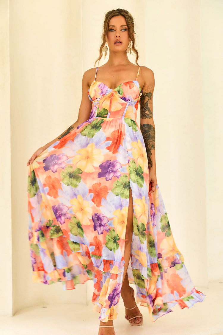 Azure Bloom Chiffon Maxi Dress - Orange Multi for women