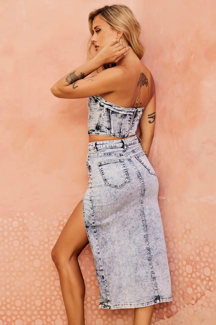 Clean Lines Denim Midi Skirt - Denim Blue for women