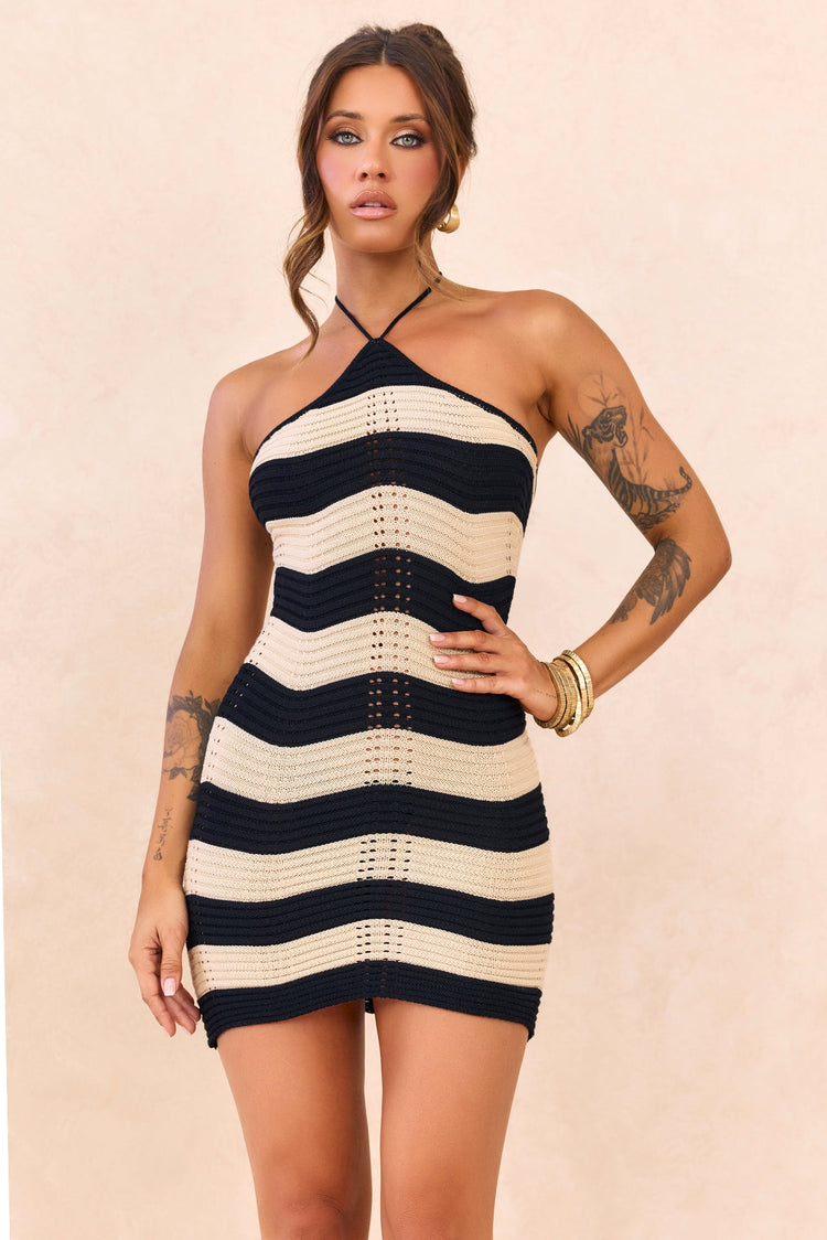 Coastal Waves Crochet Mini Dress - Black Beige for women