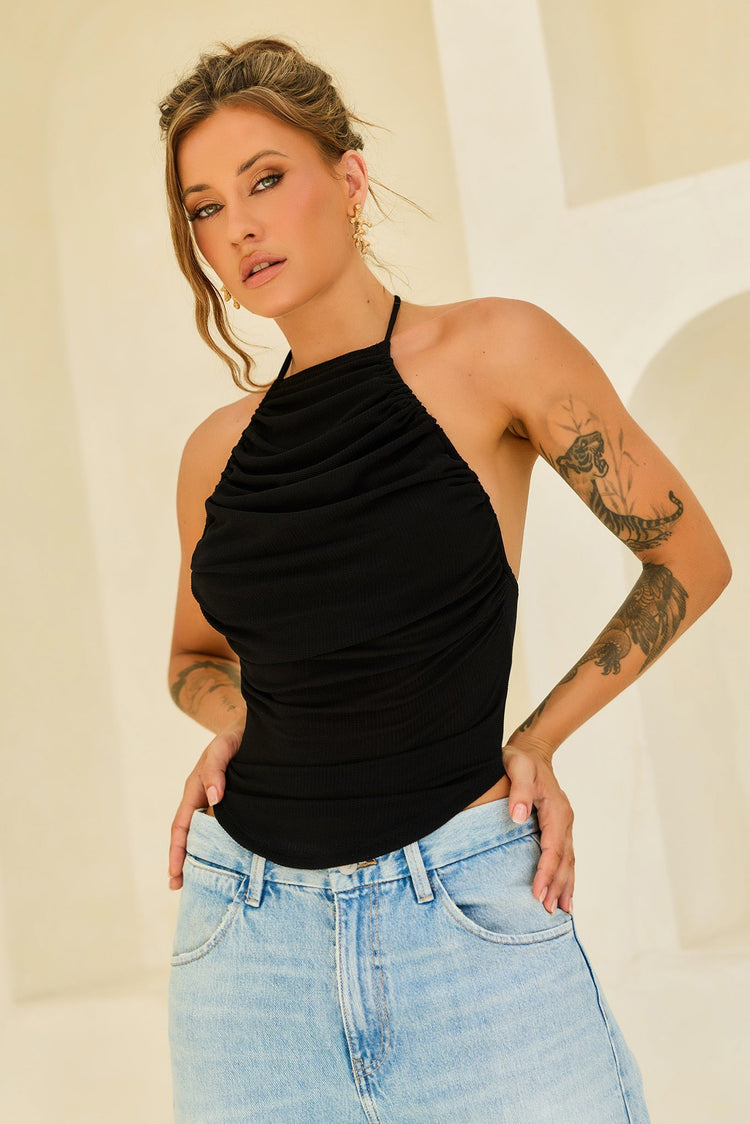 Contour Drape Ribbed Mesh Halter Top - Black for women