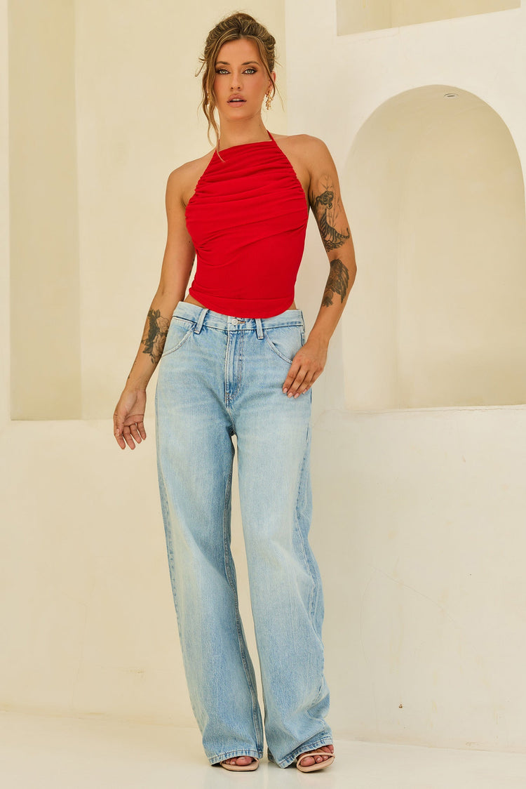 Contour Drape Ribbed Mesh Halter Top - Red for women