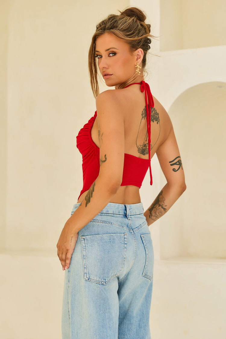 Contour Drape Ribbed Mesh Halter Top - Red for women