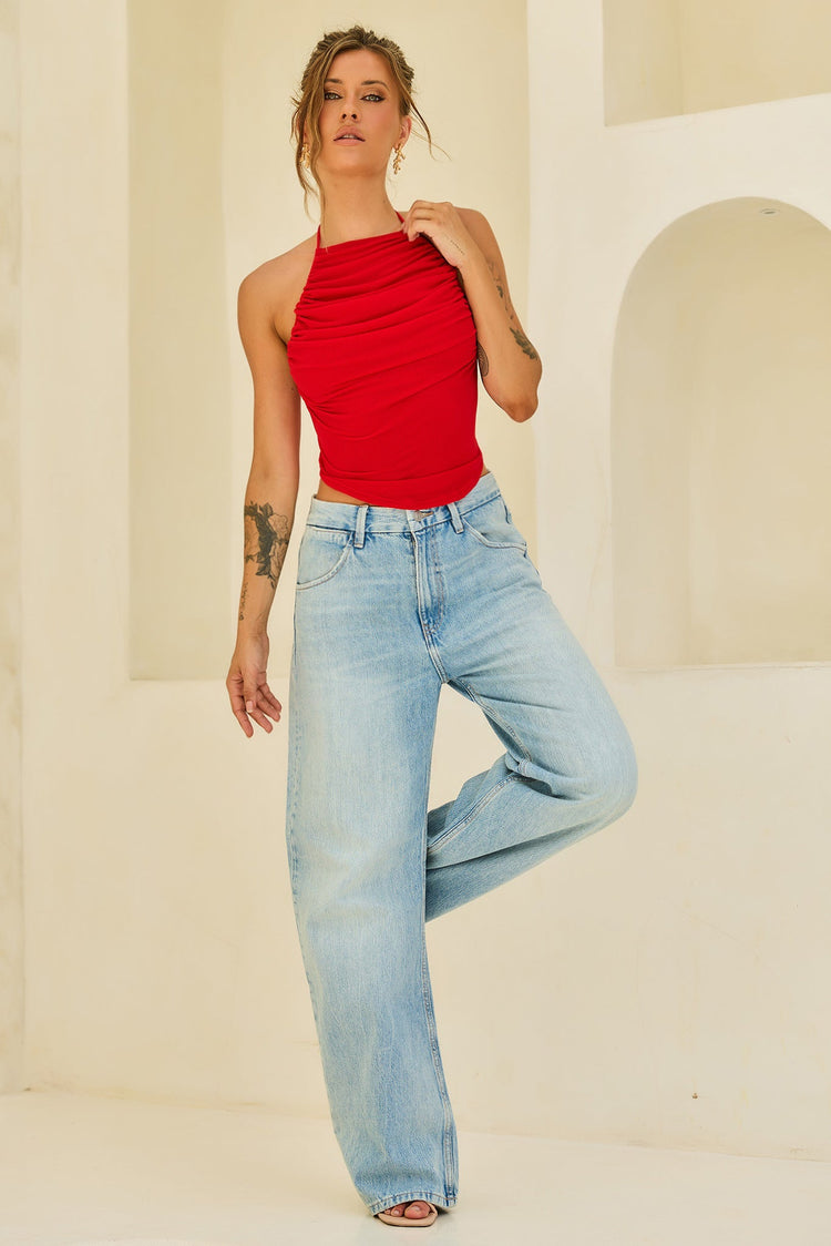 Contour Drape Ribbed Mesh Halter Top - Red for women