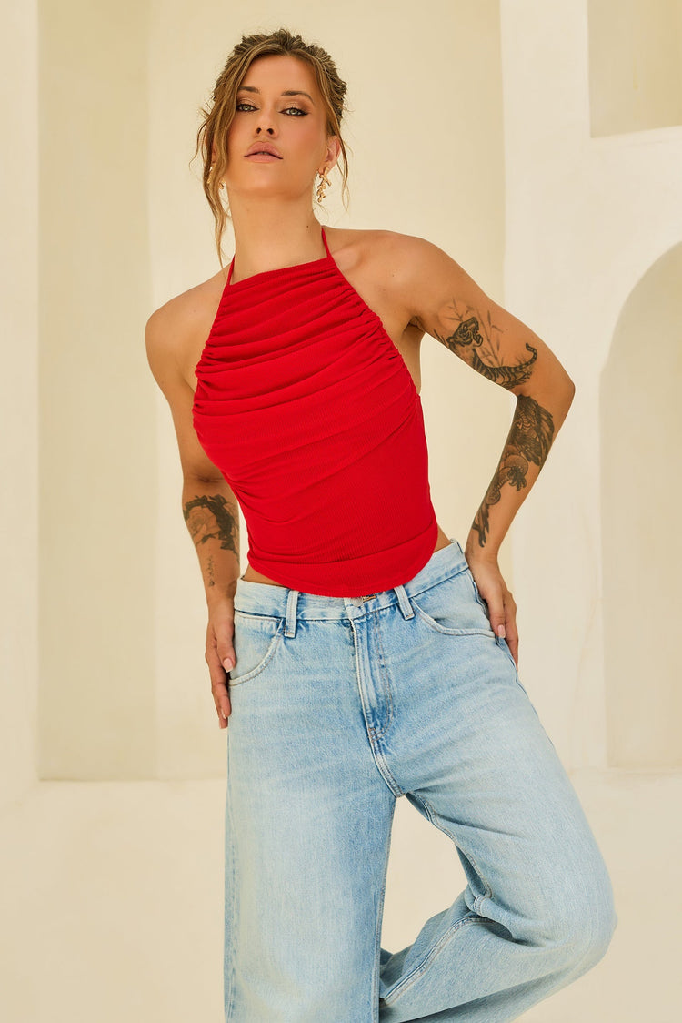 Contour Drape Ribbed Mesh Halter Top - Red for women