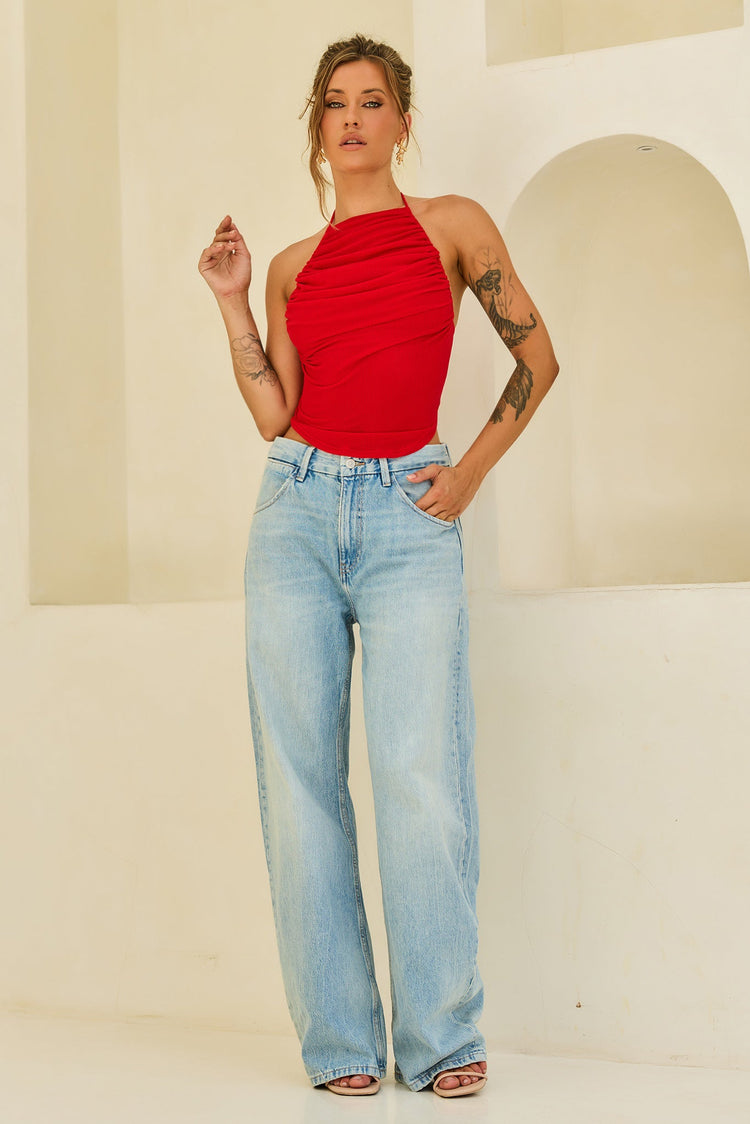 Contour Drape Ribbed Mesh Halter Top - Red for women