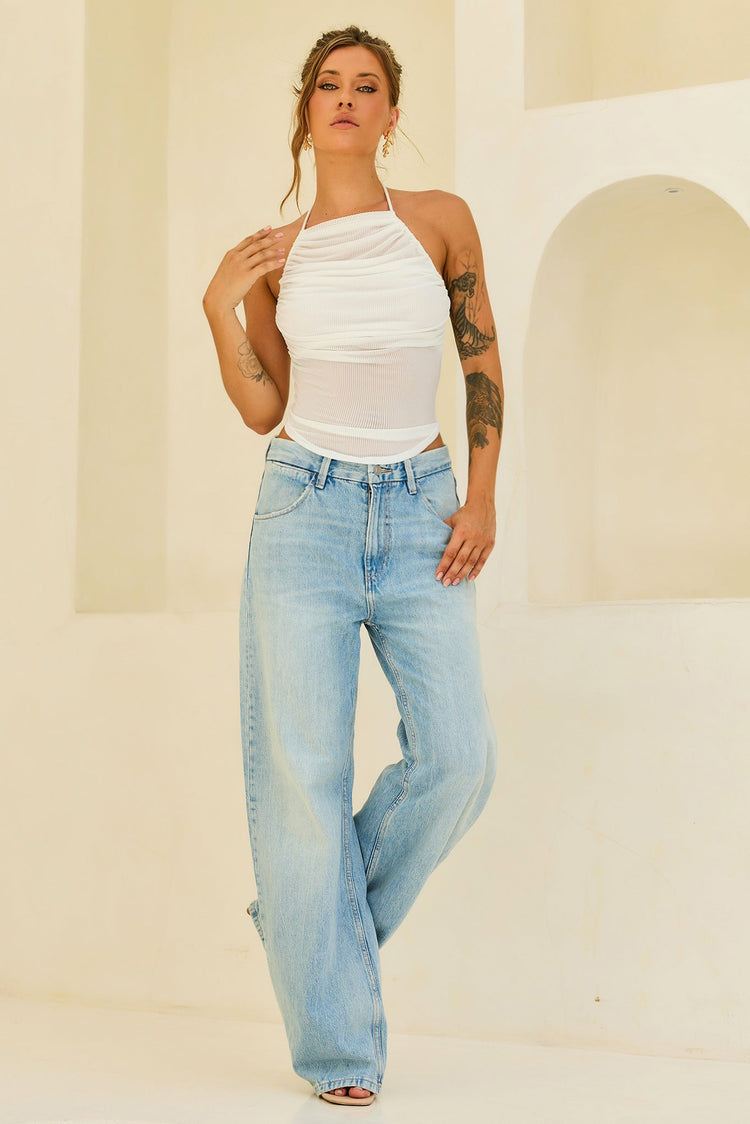 Contour Drape Ribbed Mesh Halter Top - White for women