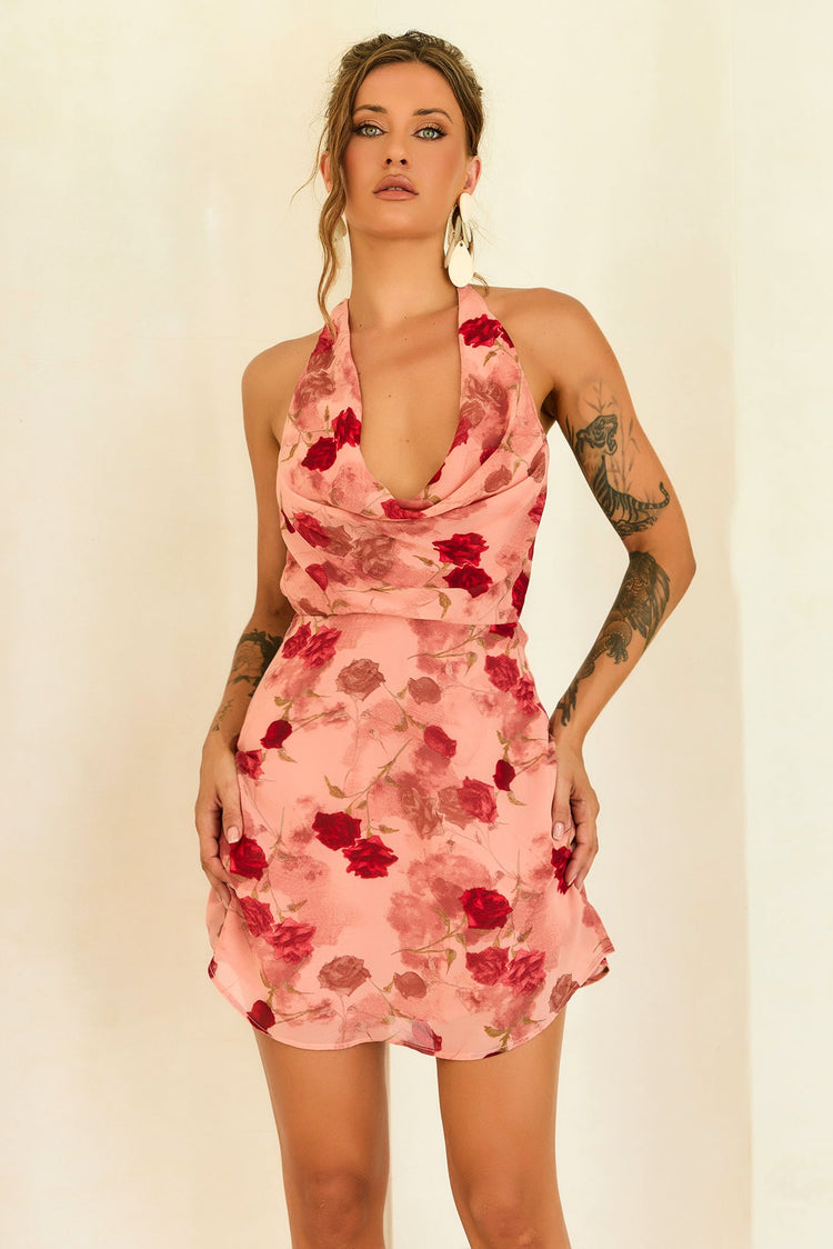 chiffon mini dresses Pink Mock Neck Floral Dress neck Lined 100% Polyester Imported Model is wearing a size SmallModel #1 Profile Amoris T709 Elegant Chiffon Mini