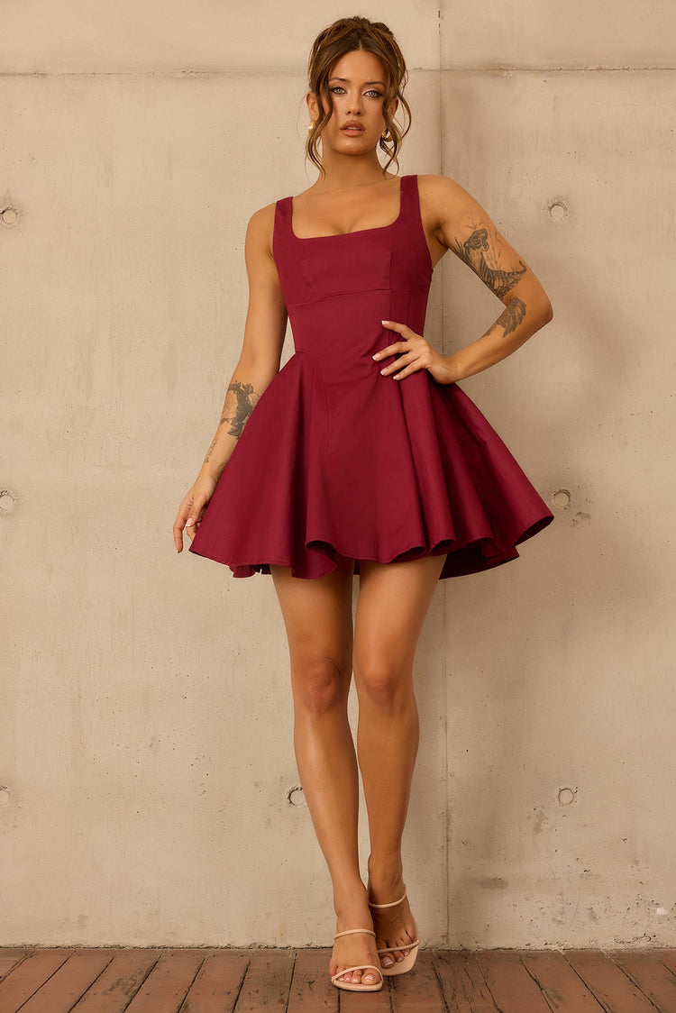 Crimson Whirl Woven Mini Dress - Wine for women