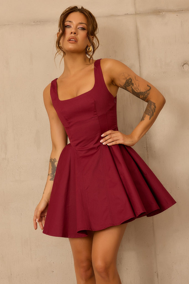 Crimson Whirl Woven Mini Dress - Wine for women