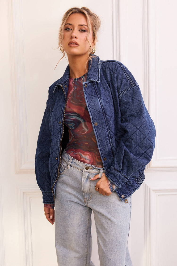 Dream Big Quilted Denim Jacket - Dark Blue for women