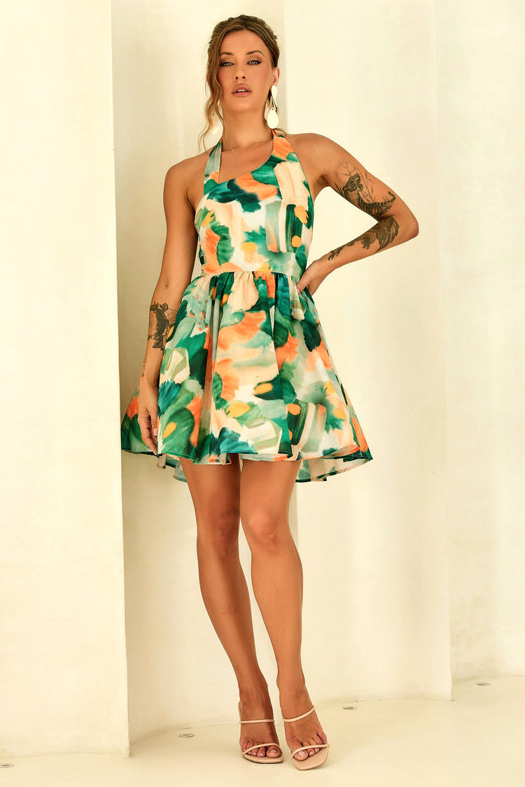 Eden Bloom Halter Woven Mini Dress - Green Multi for women