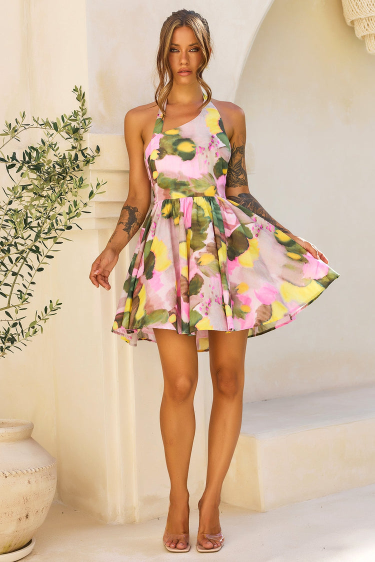 Eden Bloom Halter Woven Mini Dress - Pink Multi for women