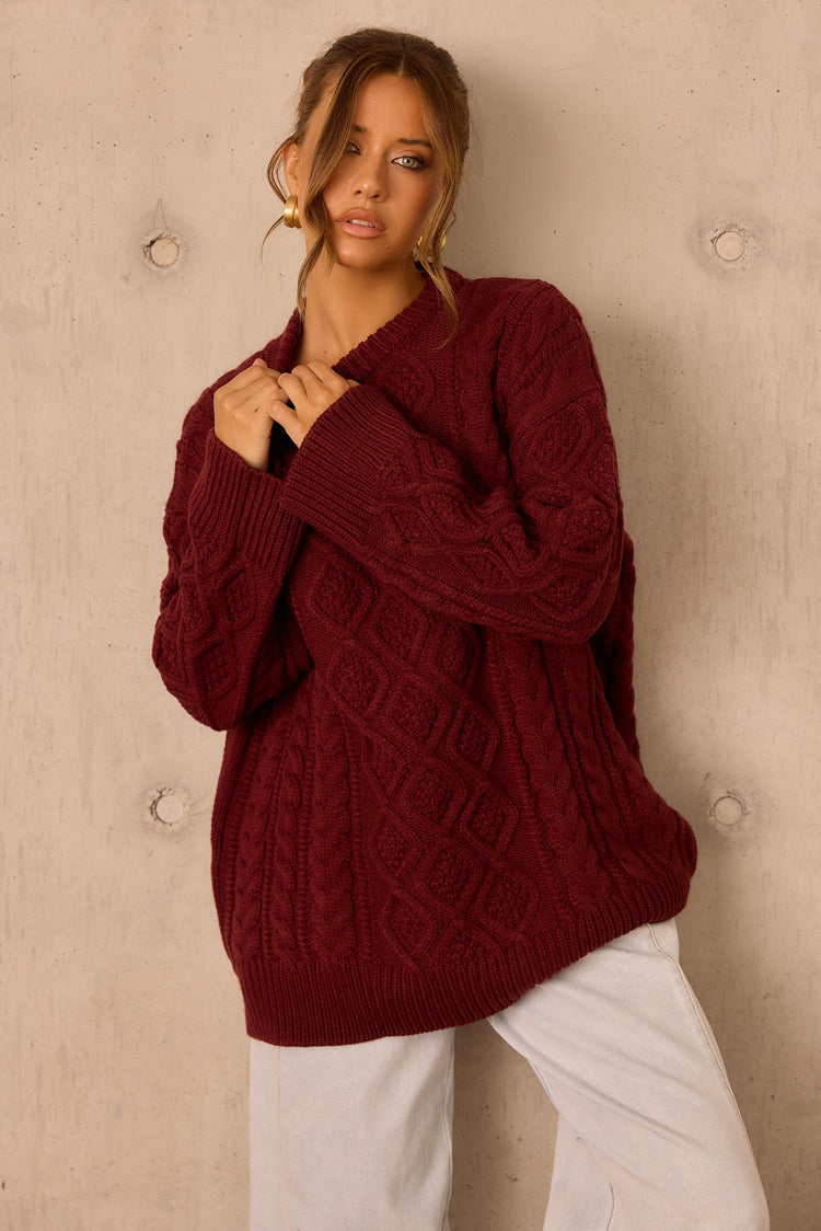Falling Forward Knit Sweater - Wine for women