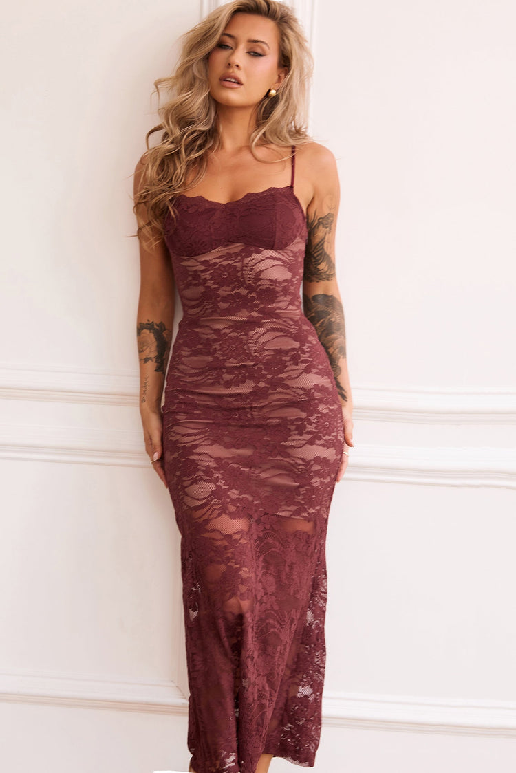 Feel It Still Lace Midi Dress - Wine for women