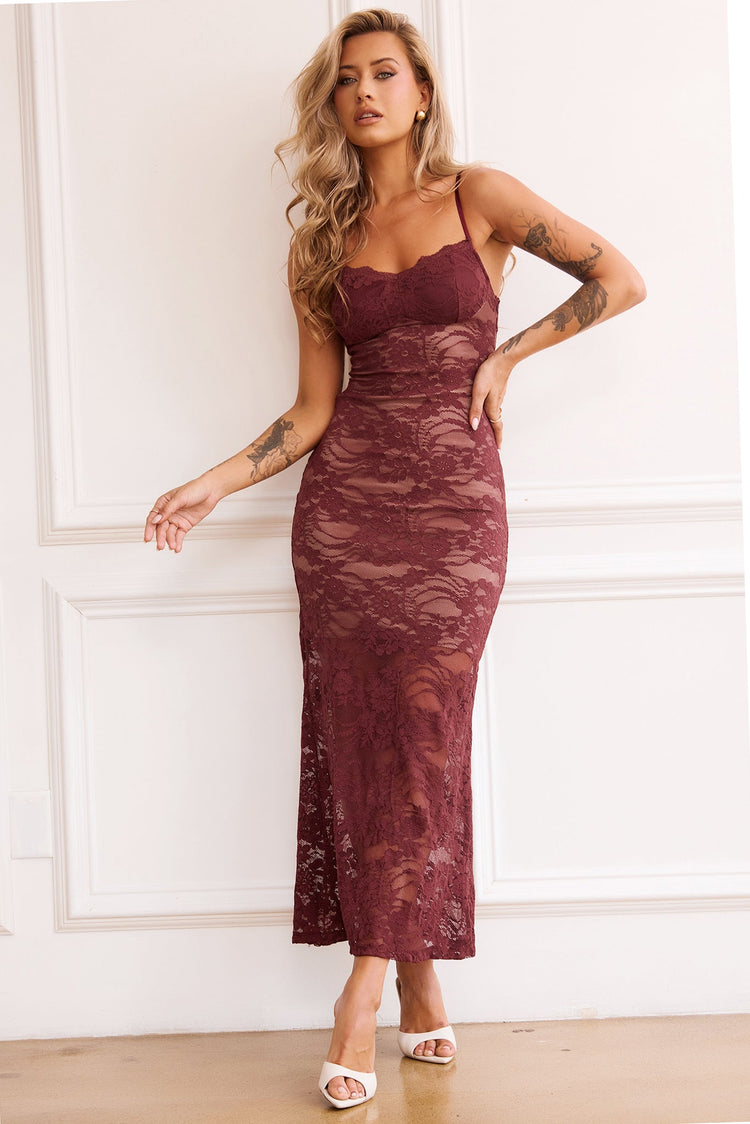 Feel It Still Lace Midi Dress - Wine for women