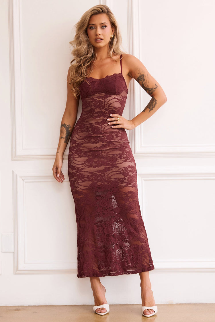 Feel It Still Lace Midi Dress - Wine for women