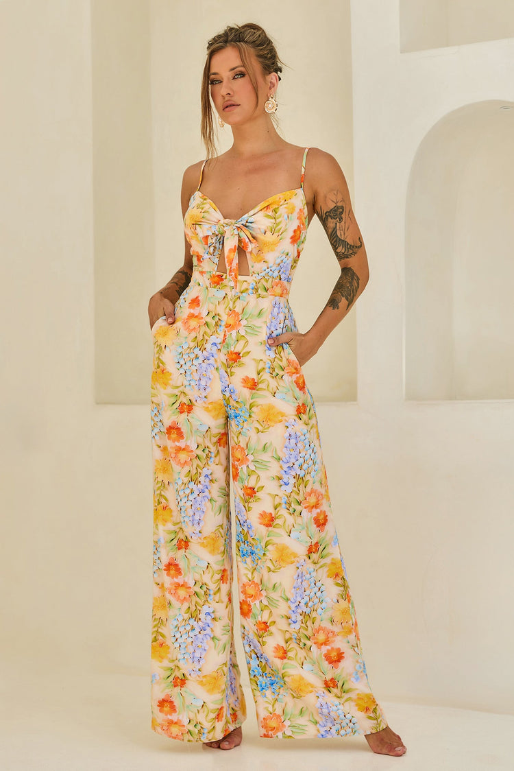 Floral Serenade Rayon Jumpsuit - Yellow Multi for women