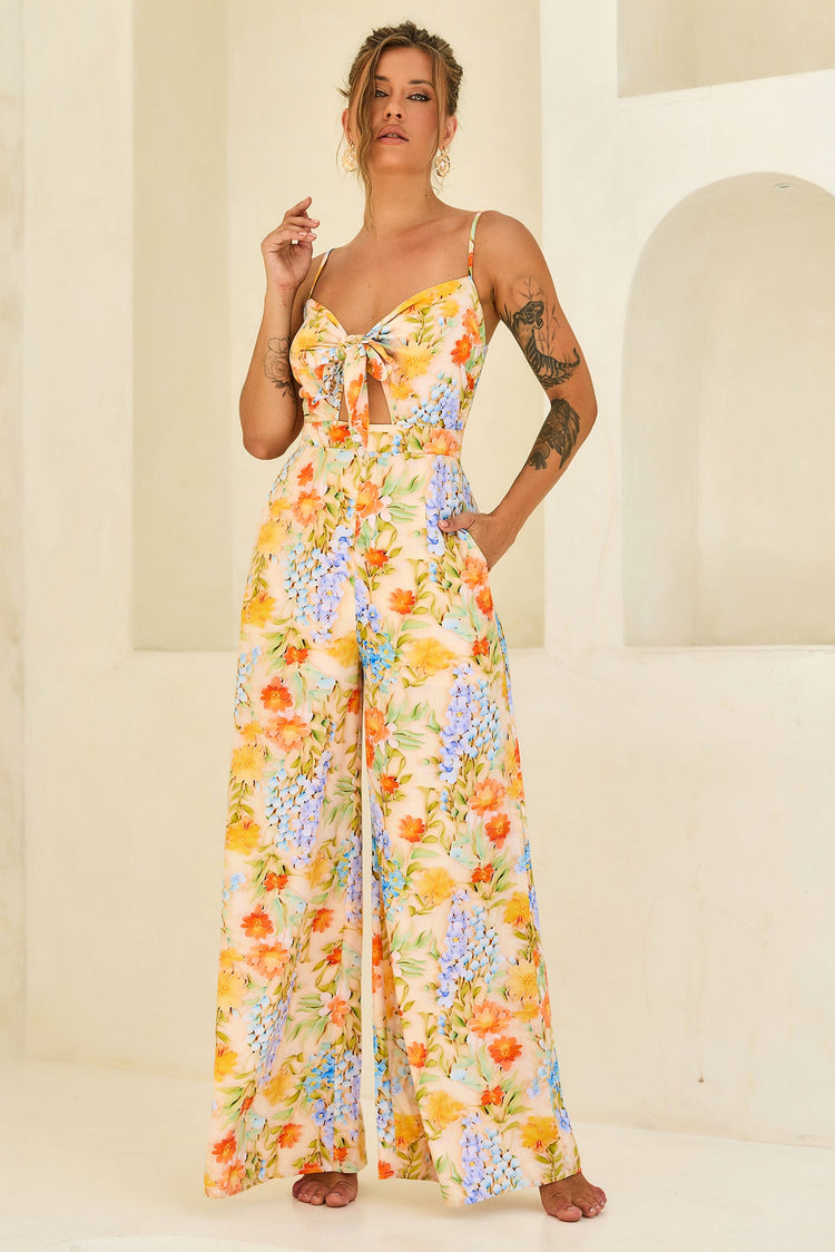 Floral Serenade Rayon Jumpsuit - Yellow Multi for women