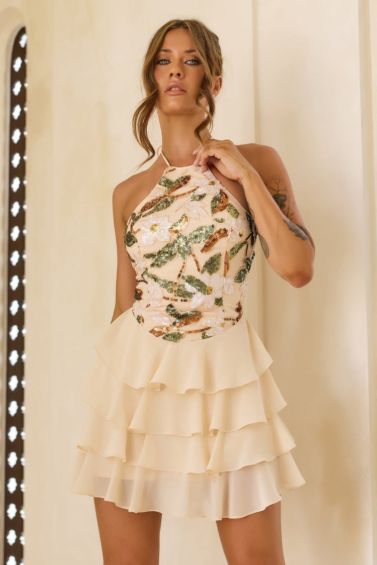 Garden Muse Sequin Mini Dress - Beige Multi for women