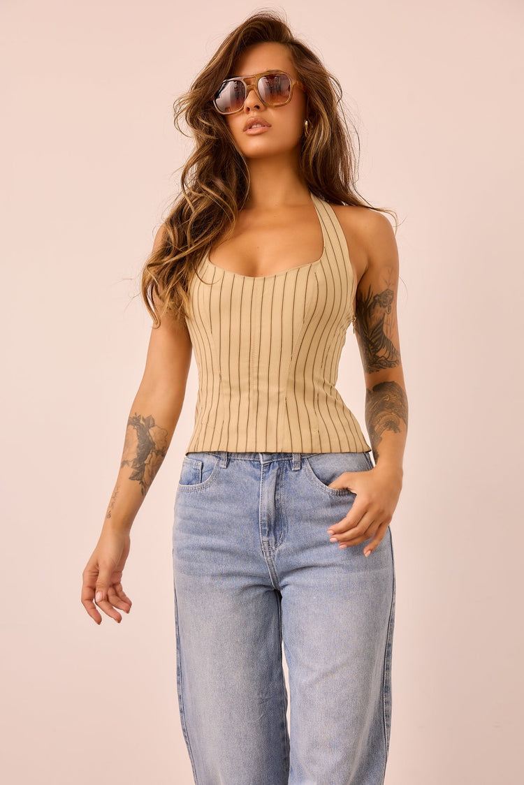 Get My Attention Woven Top - Stone Stripe for women