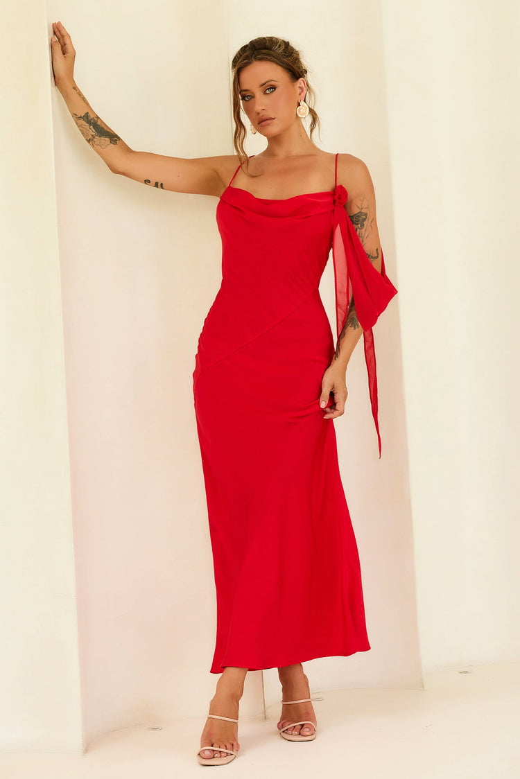 Glow Up Moment Satin Maxi Dress - Red for women