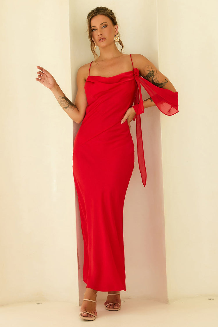 Glow Up Moment Satin Maxi Dress - Red for women