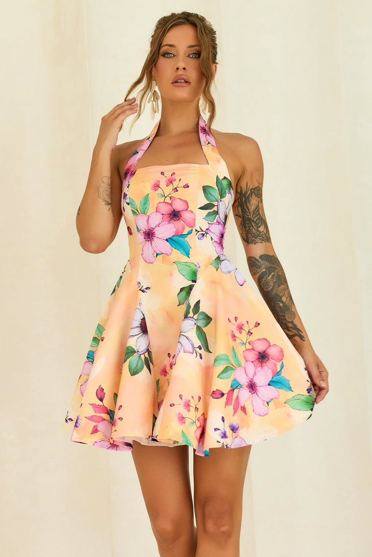 Golden Petal Woven Halter Mini Dress - Yellow Multi for women