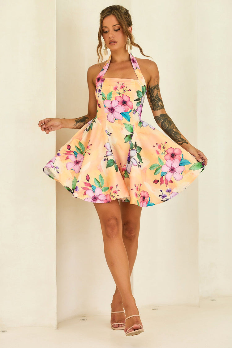 Golden Petal Woven Halter Mini Dress - Yellow Multi for women
