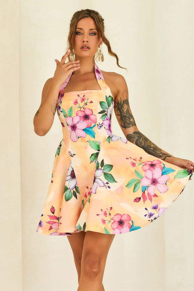 Golden Petal Woven Halter Mini Dress - Yellow Multi for women