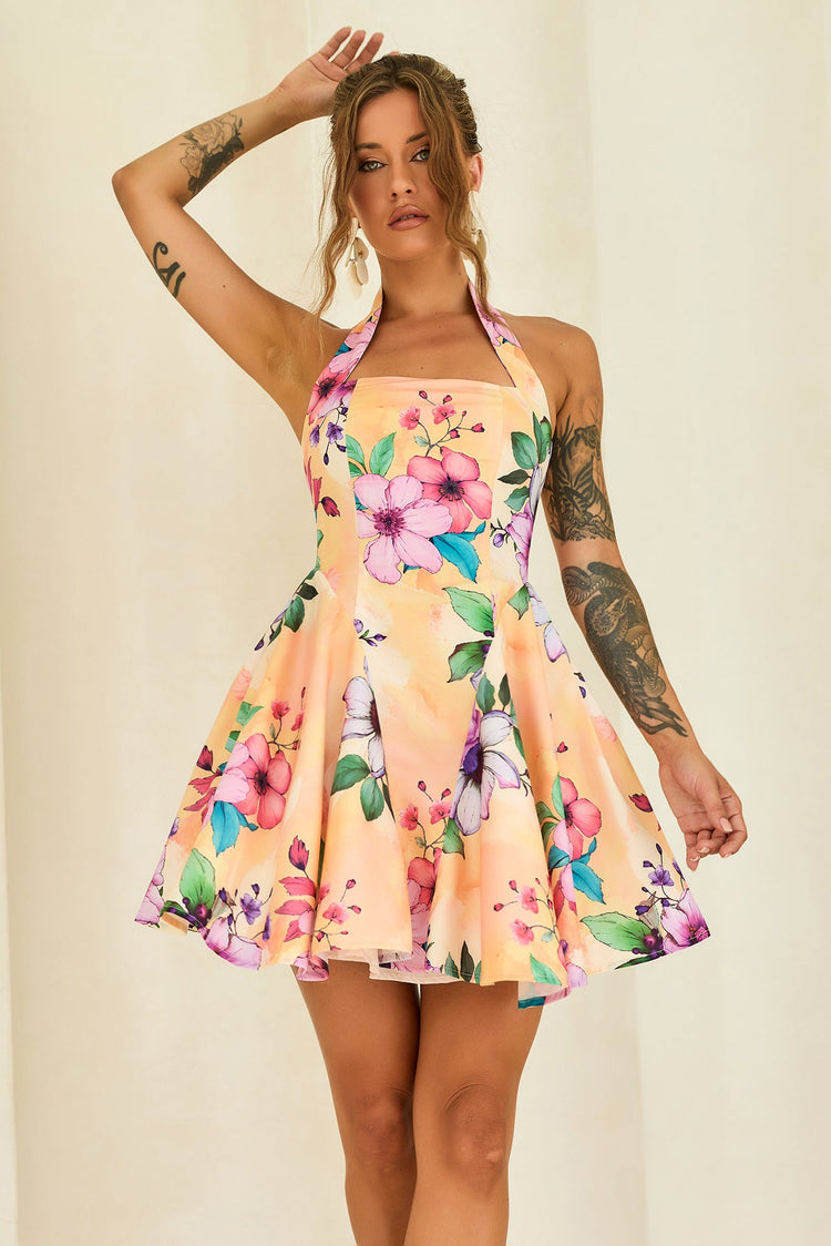 Golden Petal Woven Halter Mini Dress - Yellow Multi for women