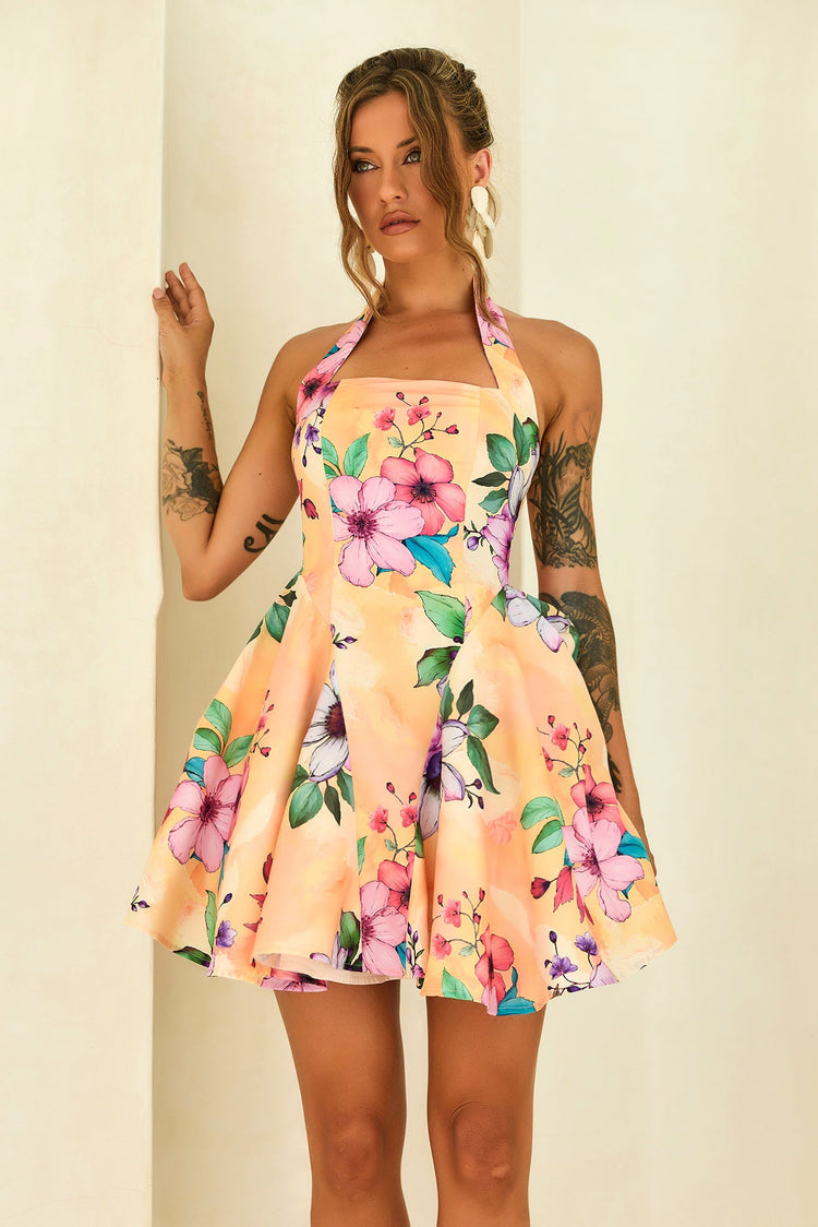 Golden Petal Woven Halter Mini Dress - Yellow Multi for women