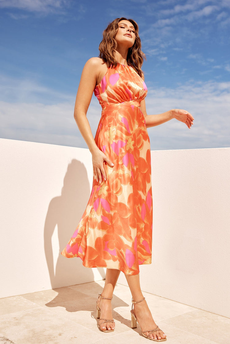 Happy Feelings Satin Midi Dress - Tangerine Multi for women