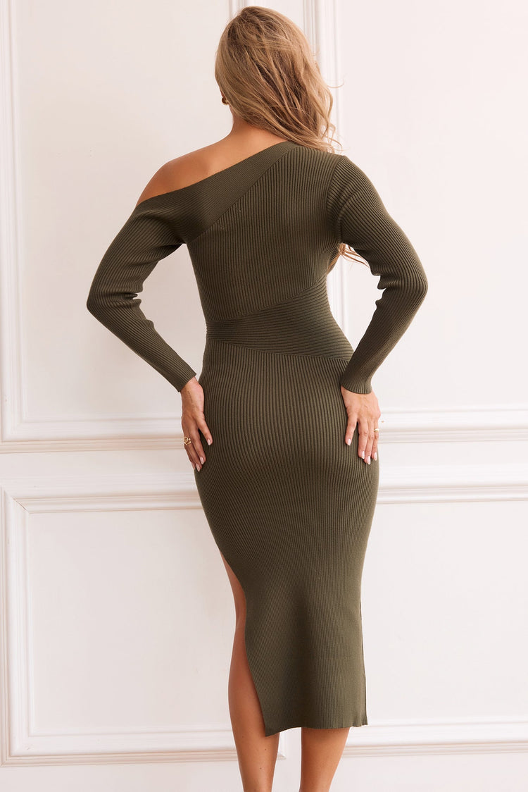 Lacy Knit Midi Dress - Olive for women